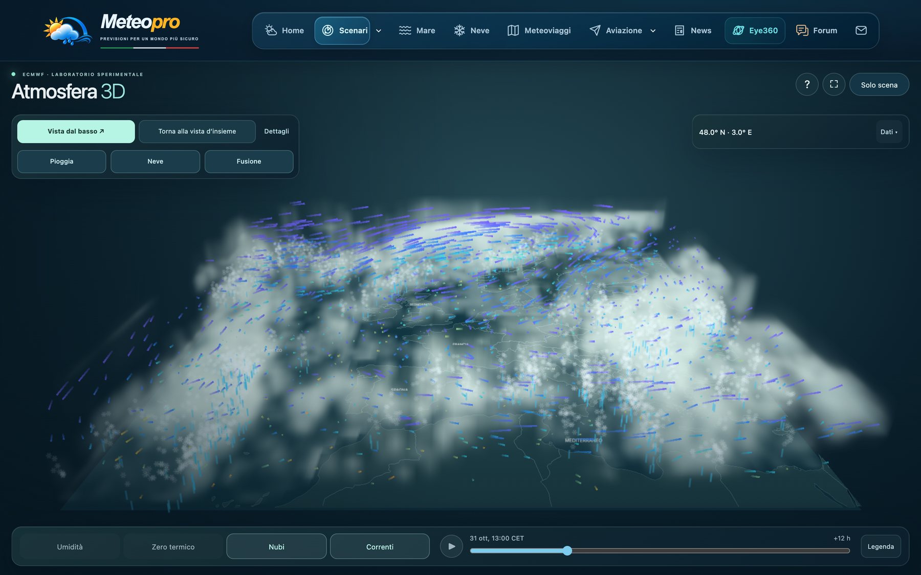 Atmosphere 3D with Clouds and Currents: the clouds forecast by ECMWF over Europe, the falling rain and the winds aloft that push them along.