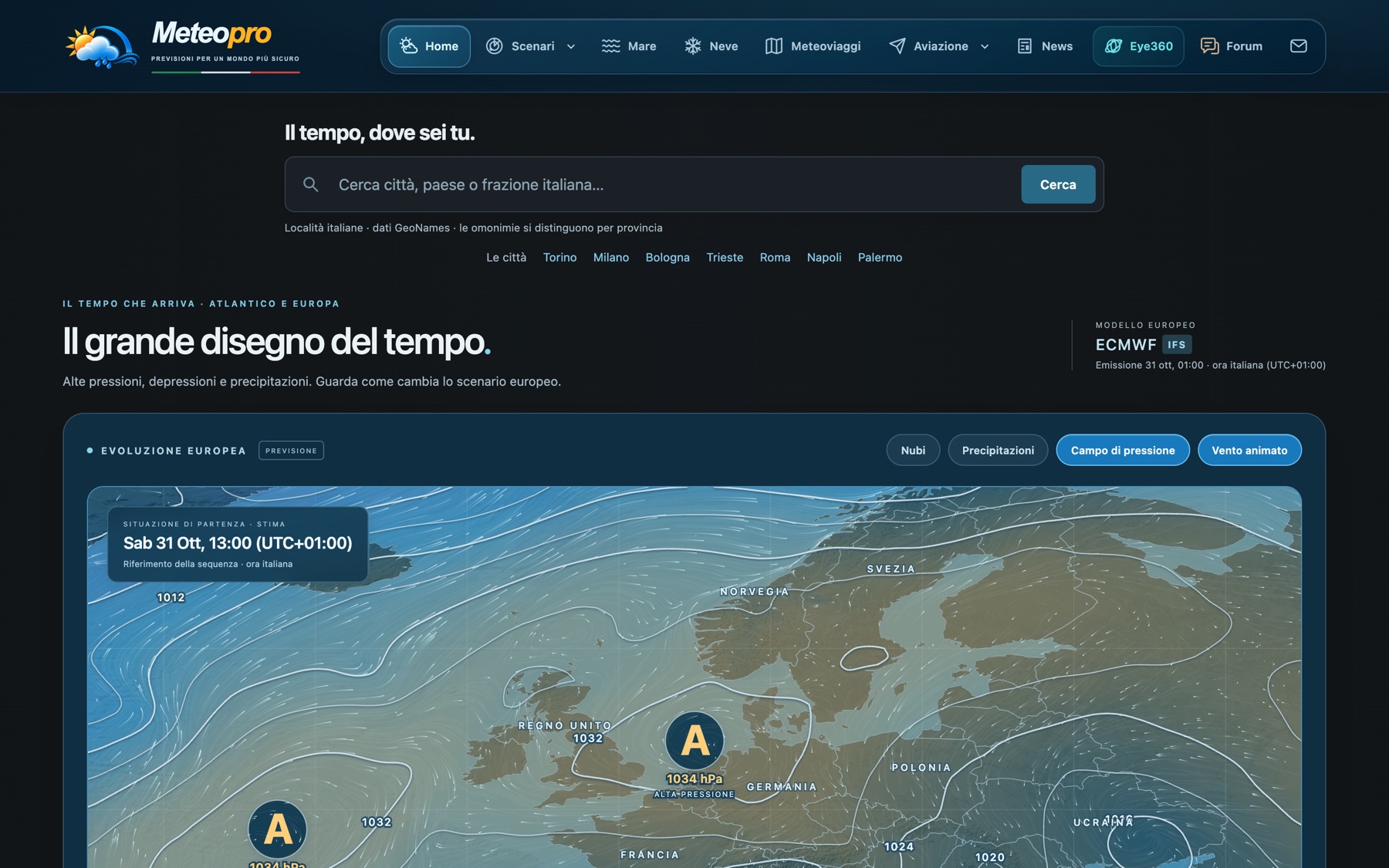 The home page: search any Italian place, and below it the big picture of the weather over Europe, from the ECMWF model.