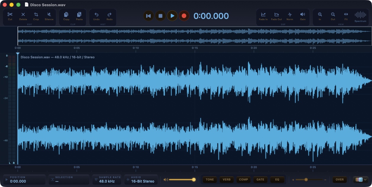 PeakLab 3.2: the waveform editor with a professional effects rack